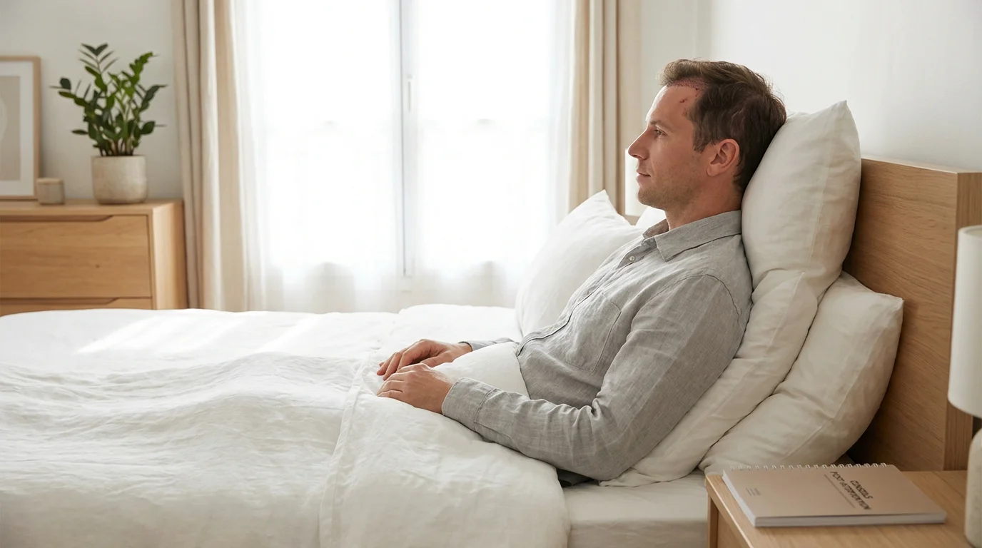 Patient en position semi-assise après une greffe de cheveux pour protéger les greffons