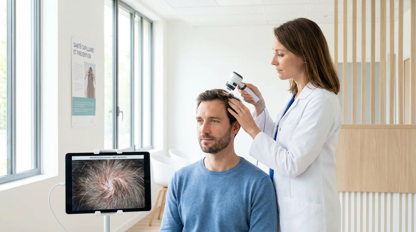 Médecin examinant le cuir chevelu d'un patient en clinique capillaire