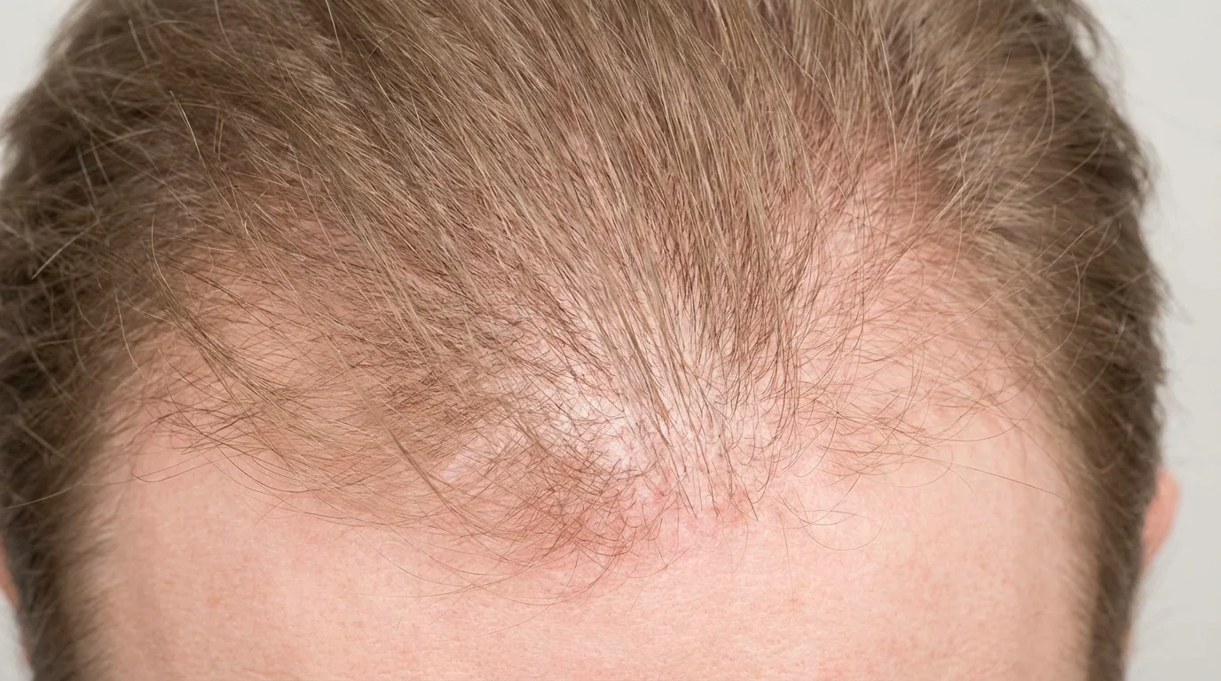 Cuir chevelu rougi et clairsemé illustrant la trichodynie et la perte de cheveux