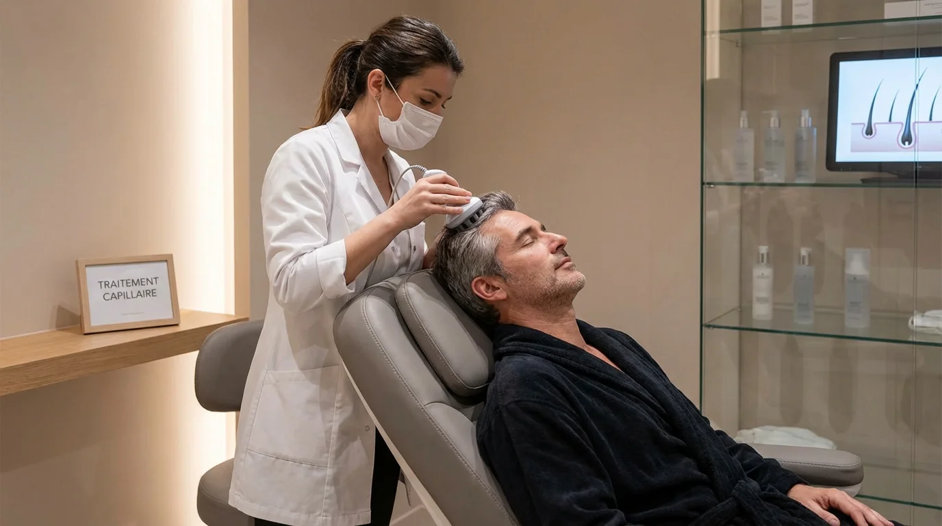 Homme recevant un traitement capillaire professionnel en clinique