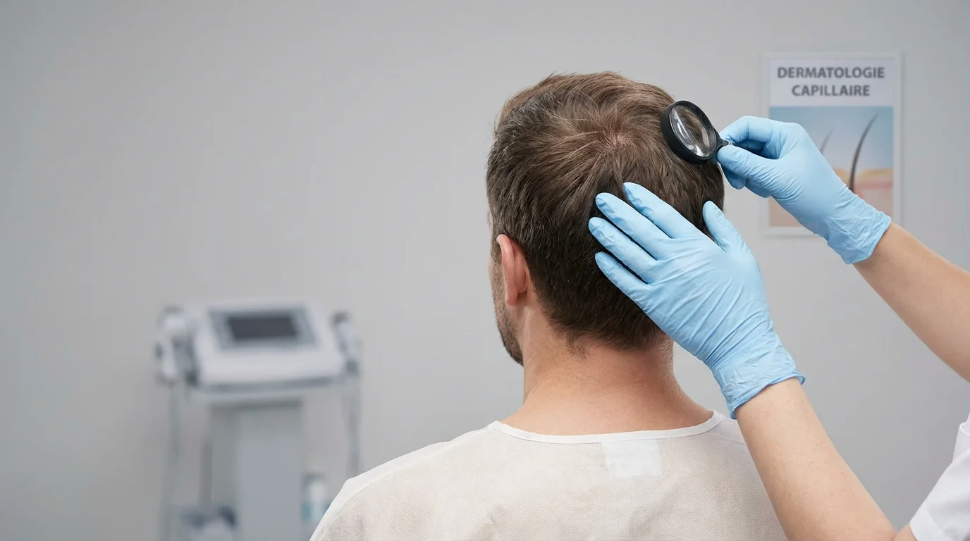 Examen du cuir chevelu par un praticien pour évaluer le stade de calvitie