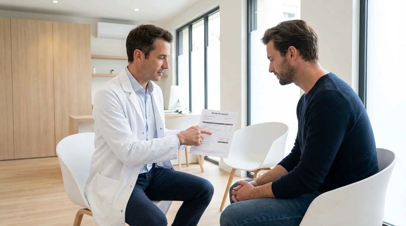 Consultation pour un devis de tricopigmentation dans un cabinet médical esthétique