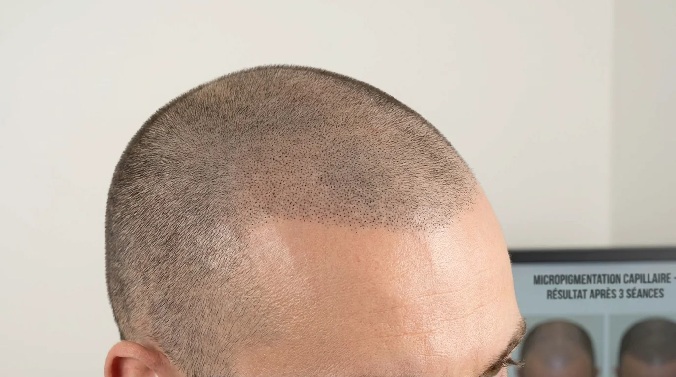 Résultat de tricopigmentation capillaire effet crâne rasé sur cuir chevelu masculin