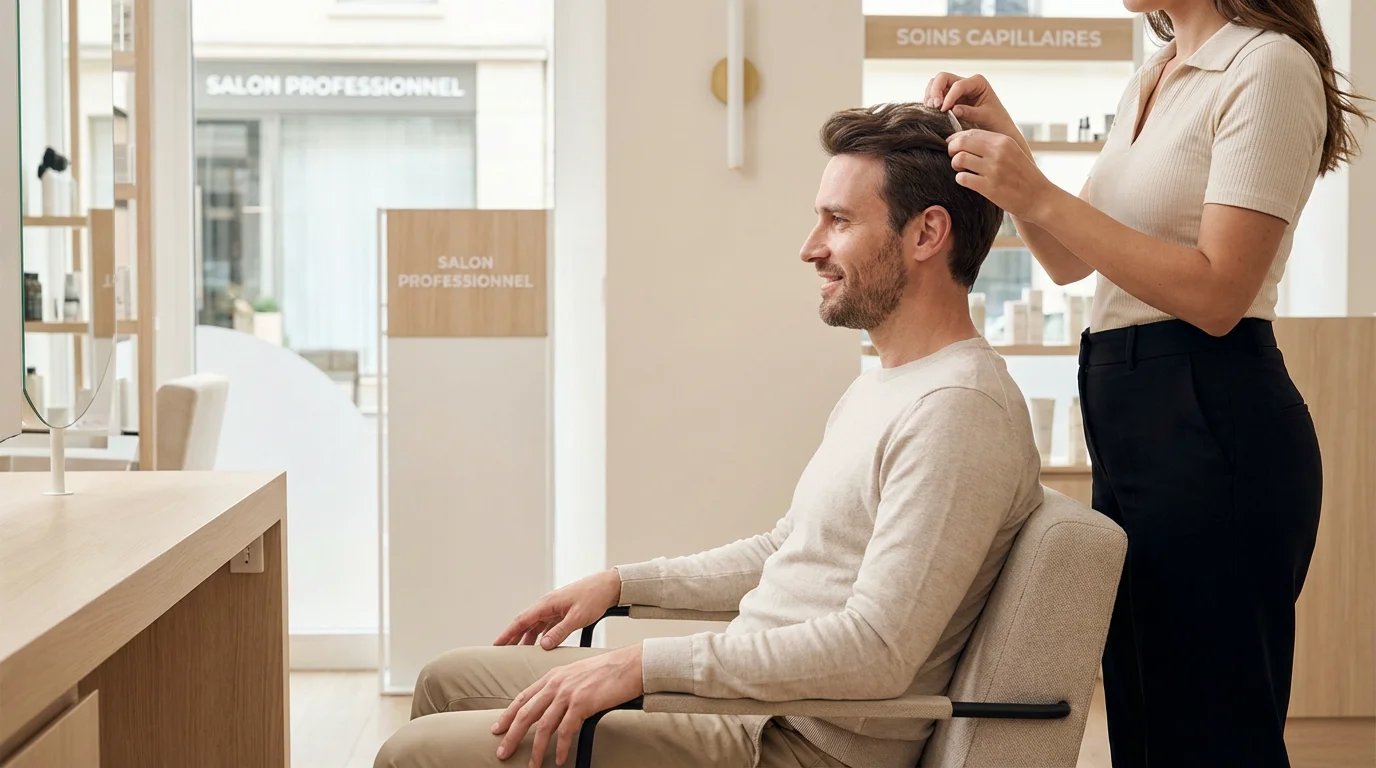 Pose d'un complément capillaire en institut par un professionnel