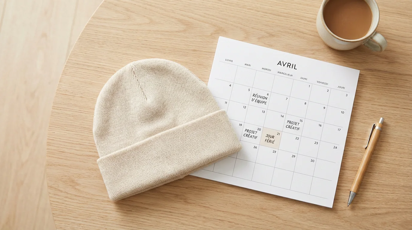 Bonnet en coton souple posé à côté d'un calendrier pour illustrer le délai post-greffe