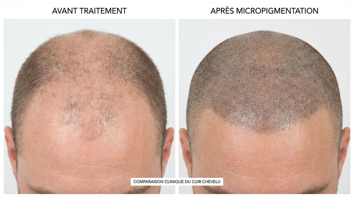 Comparaison avant et après micropigmentation capillaire sur un patient masculin