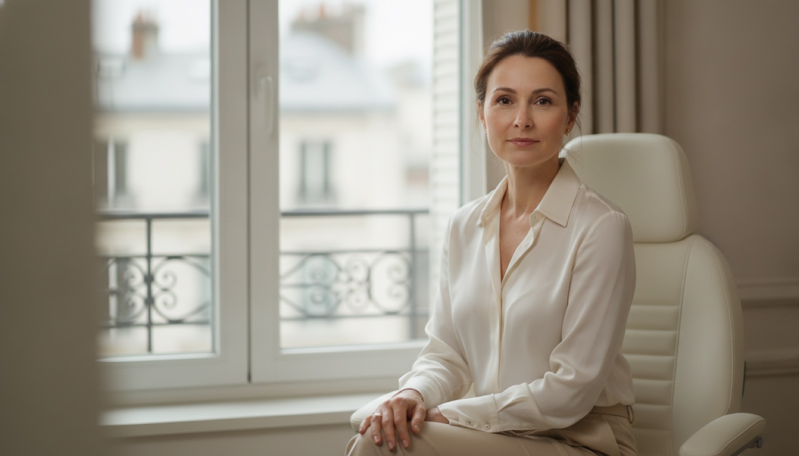 Médecin esthétique traçant les points d'injection de Botox sur le front d'une patiente en cabinet