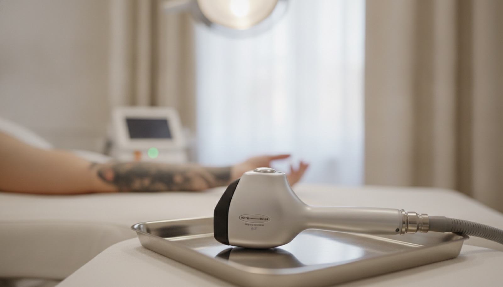 Praticien traitant un tatouage sur l'avant-bras d'un patient avec un laser picoseconde en clinique