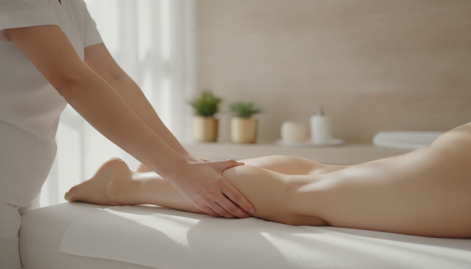 Praticienne réalisant un drainage lymphatique manuel sur les jambes d'une patiente en cabine de soin