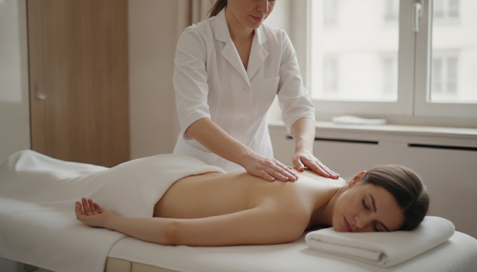 Praticienne effectuant un drainage lymphatique doux sur l'abdomen d'une patiente après une chirurgie de la silhouette