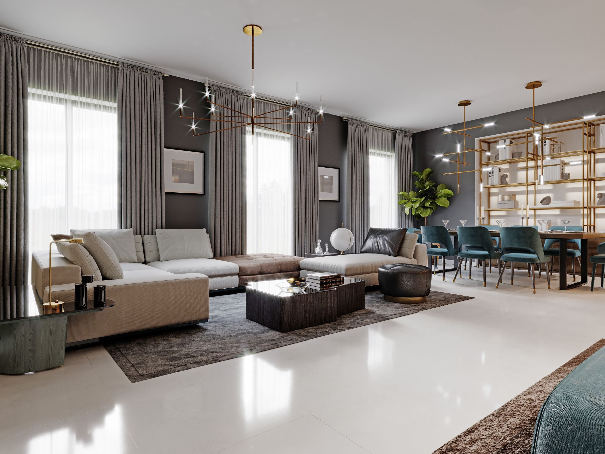 Ampio soggiorno moderno con divano a L beige, tavolino da caffè scuro, pouf in pelle nera, tende grigie, lampadari a sospensione e tavolo da pranzo con sedie blu.