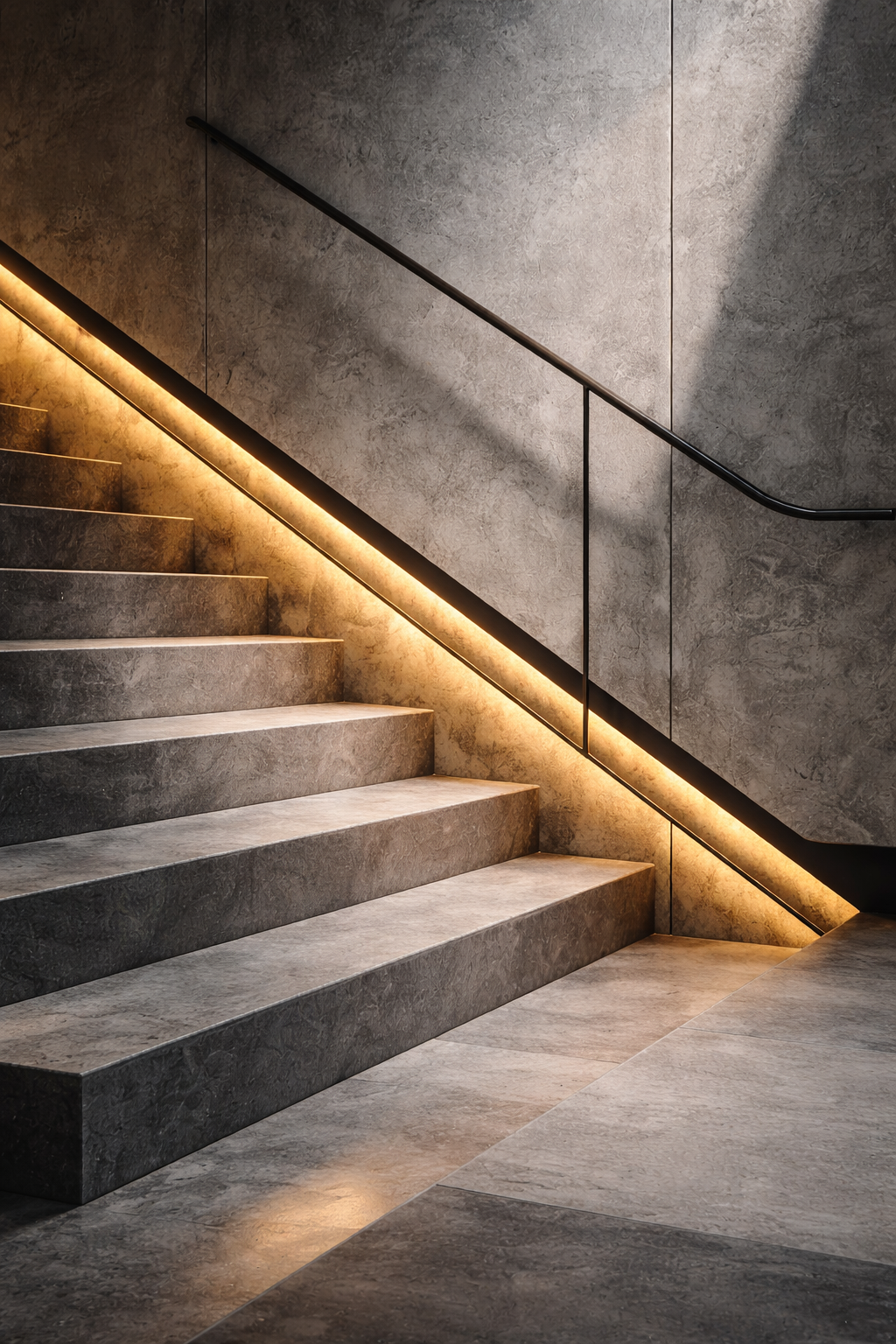 Scale di pietra grigia con illuminazione calda e corrimano nero su parete in cemento.