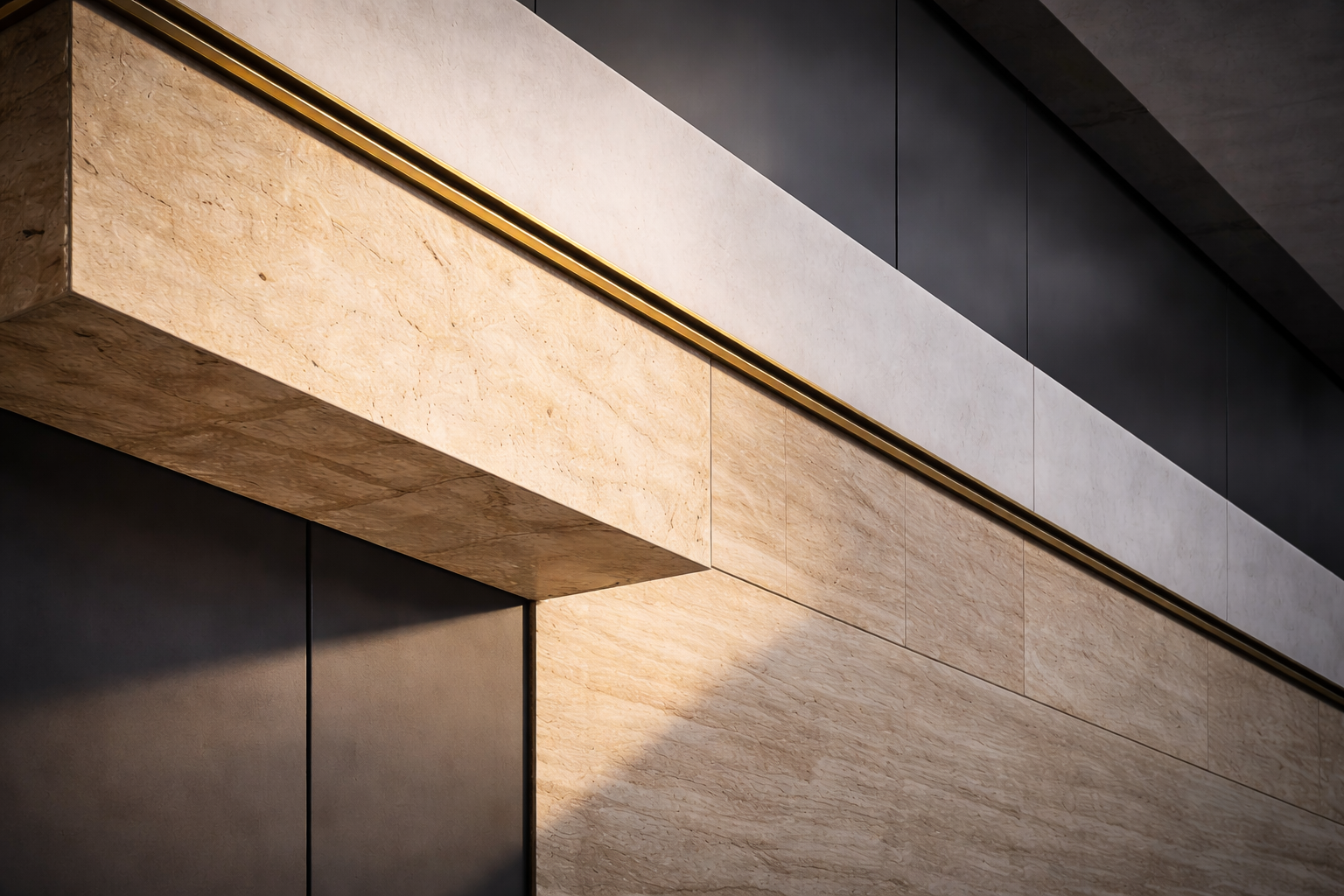 Dettaglio architettonico moderno con pareti in pietra chiara e pannelli scuri, illuminato da luce naturale.