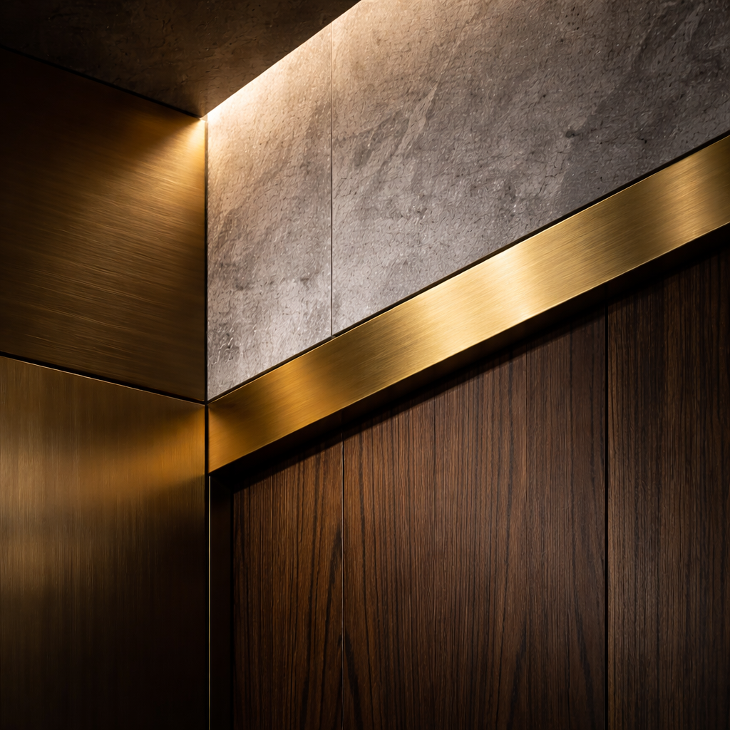 Dettaglio di pareti interne con finiture in legno scuro, metallo dorato e pietra grigia illuminata.