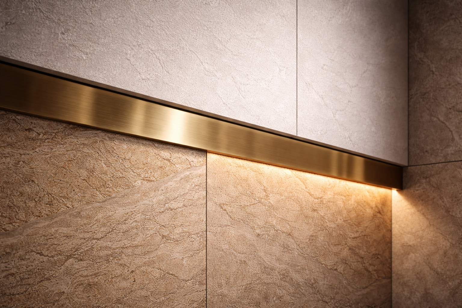 Illuminazione lineare a LED con finitura in metallo spazzolato su parete in pietra beige e grigia.