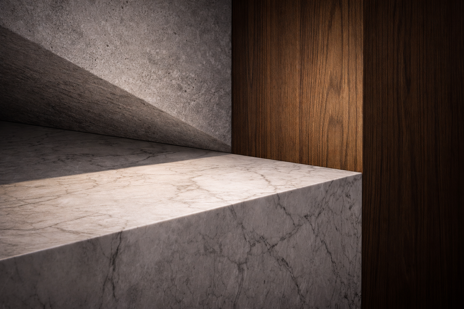 Angolo di interni con superficie in marmo chiaro, parete in legno e parete in cemento ruvido.