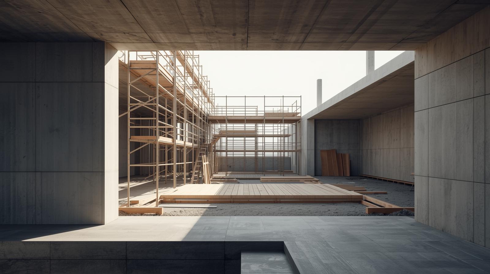 Cantiere di costruzione con strutture di cemento e impalcature in legno in un edificio moderno.