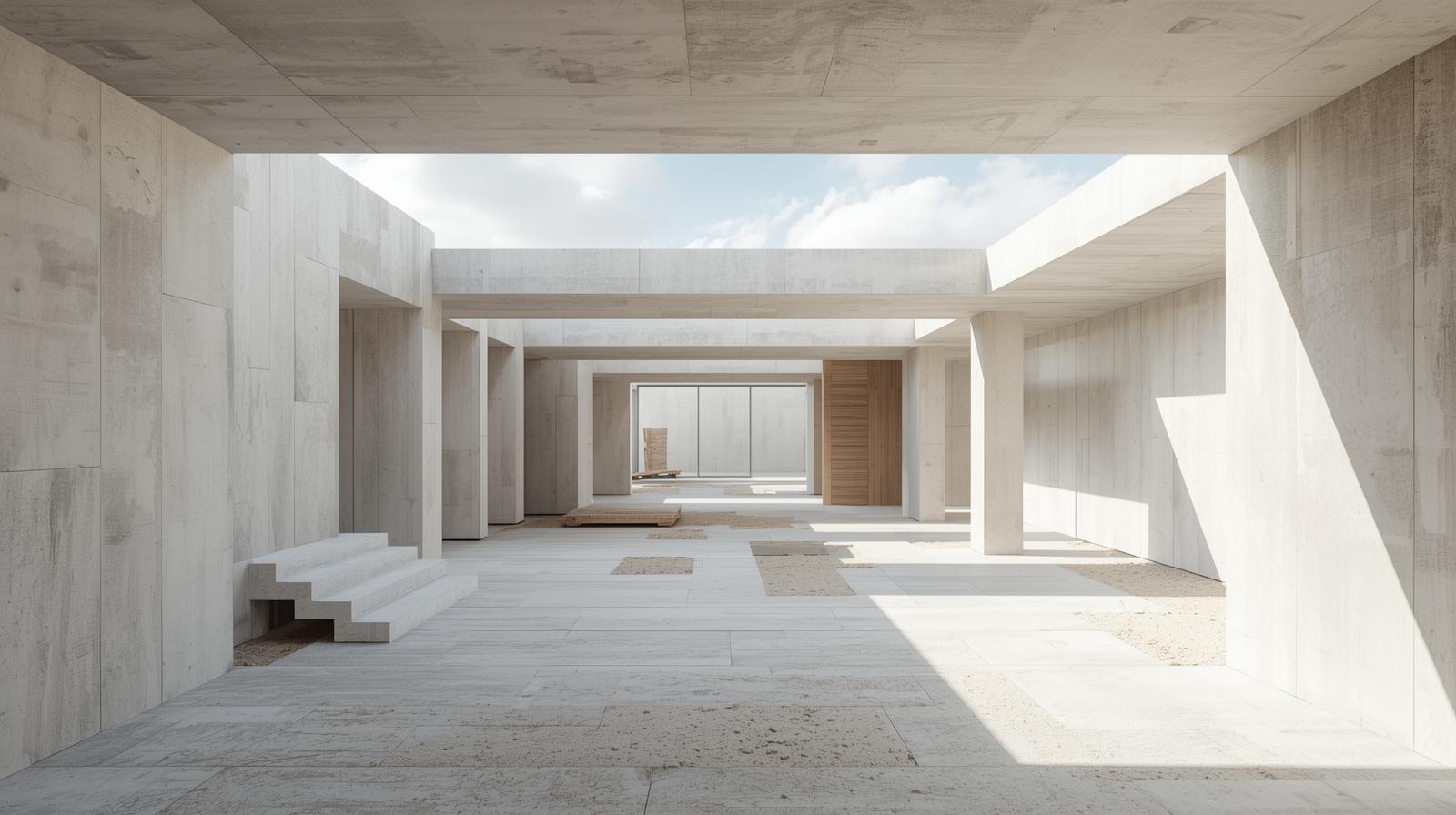 Interno luminoso di una costruzione moderna in cemento con ampi spazi aperti e superfici pavimentate.