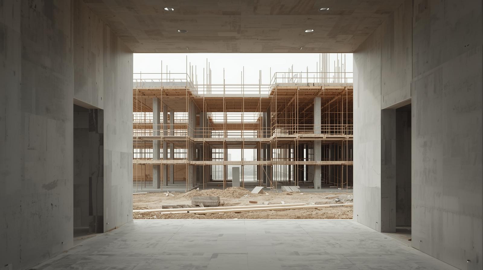 Edificio in costruzione visibile da una struttura interna in cemento grezzo, con impalcature e terreno di lavoro all'aperto.