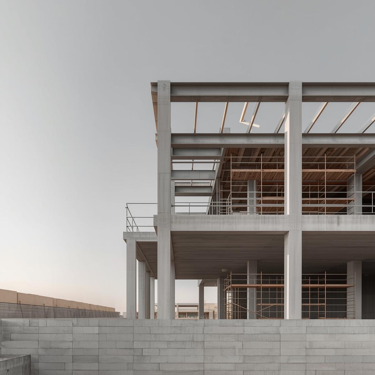 Struttura in cemento di un edificio in costruzione sotto un cielo sereno.