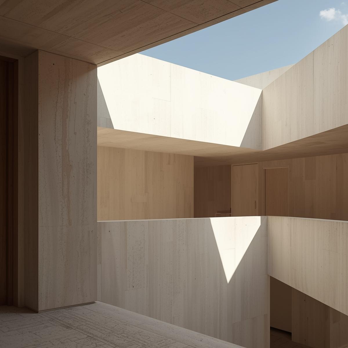 Interno di edificio moderno con pareti e soffitti chiari in legno e pietra, illuminati da luce naturale che crea ombre geometriche.