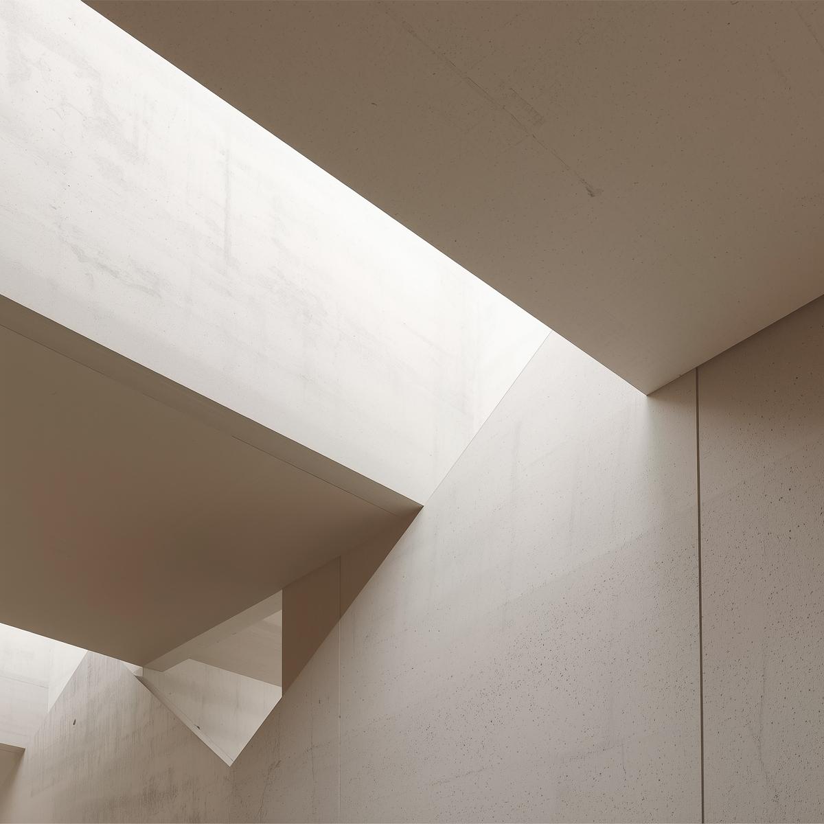 Dettaglio architettonico minimalista con pareti e soffitti in cemento chiaro e geometrie pulite.