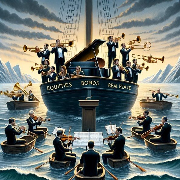 Orchestra on a ship labeled equities, bonds, and real estate, symbolizing asset class harmony.