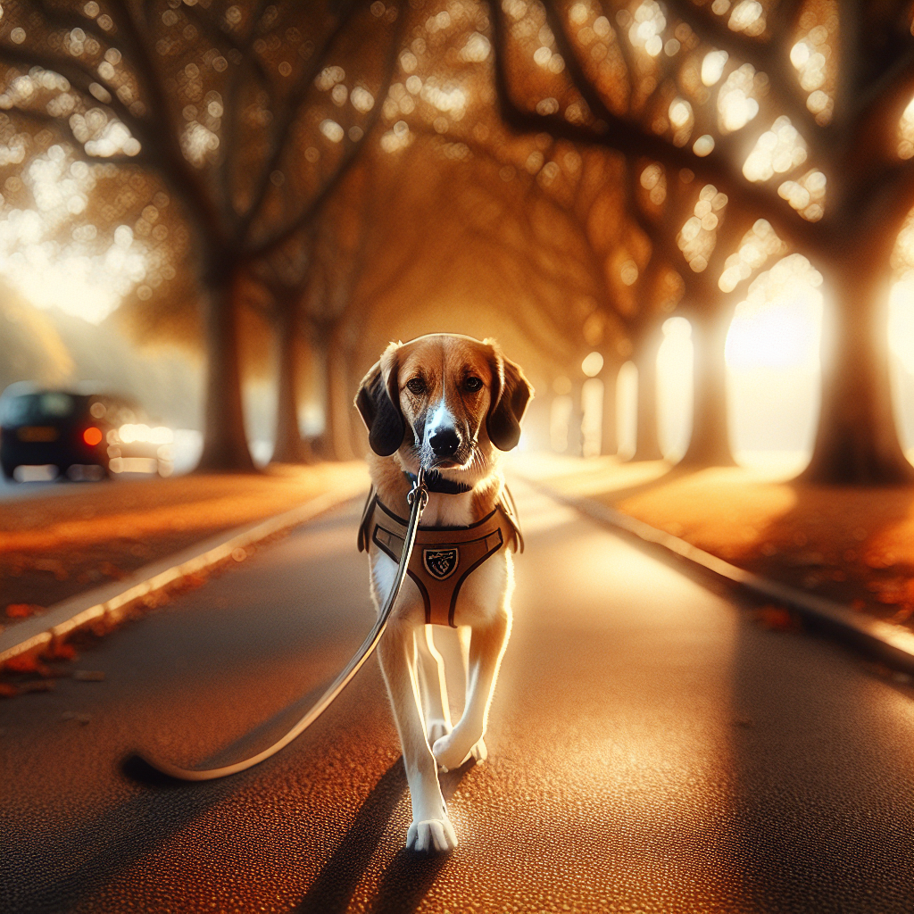 Dog walking calmly on a loose lead beside an owner on a UK street at golden hour