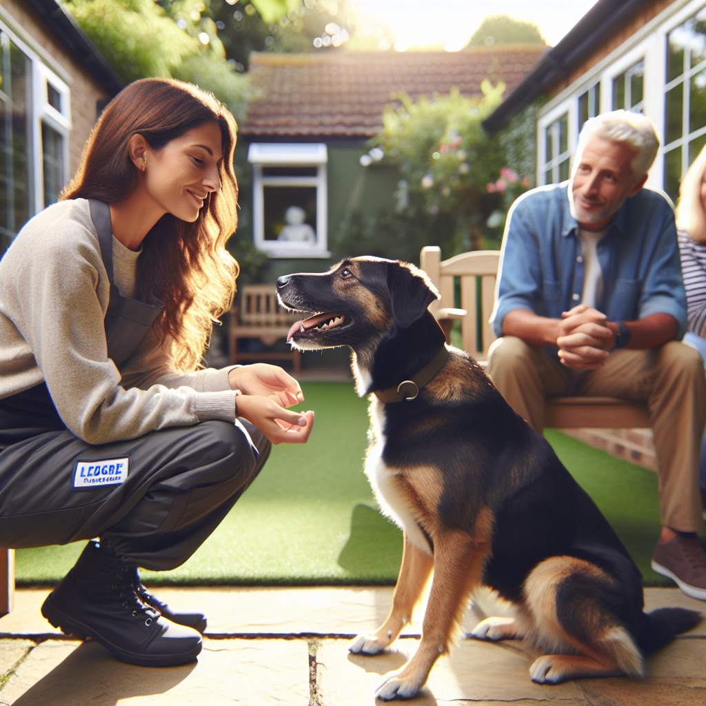 Smart Dog Training coach guiding a family dog through a calm training session in a UK garden while the family watches