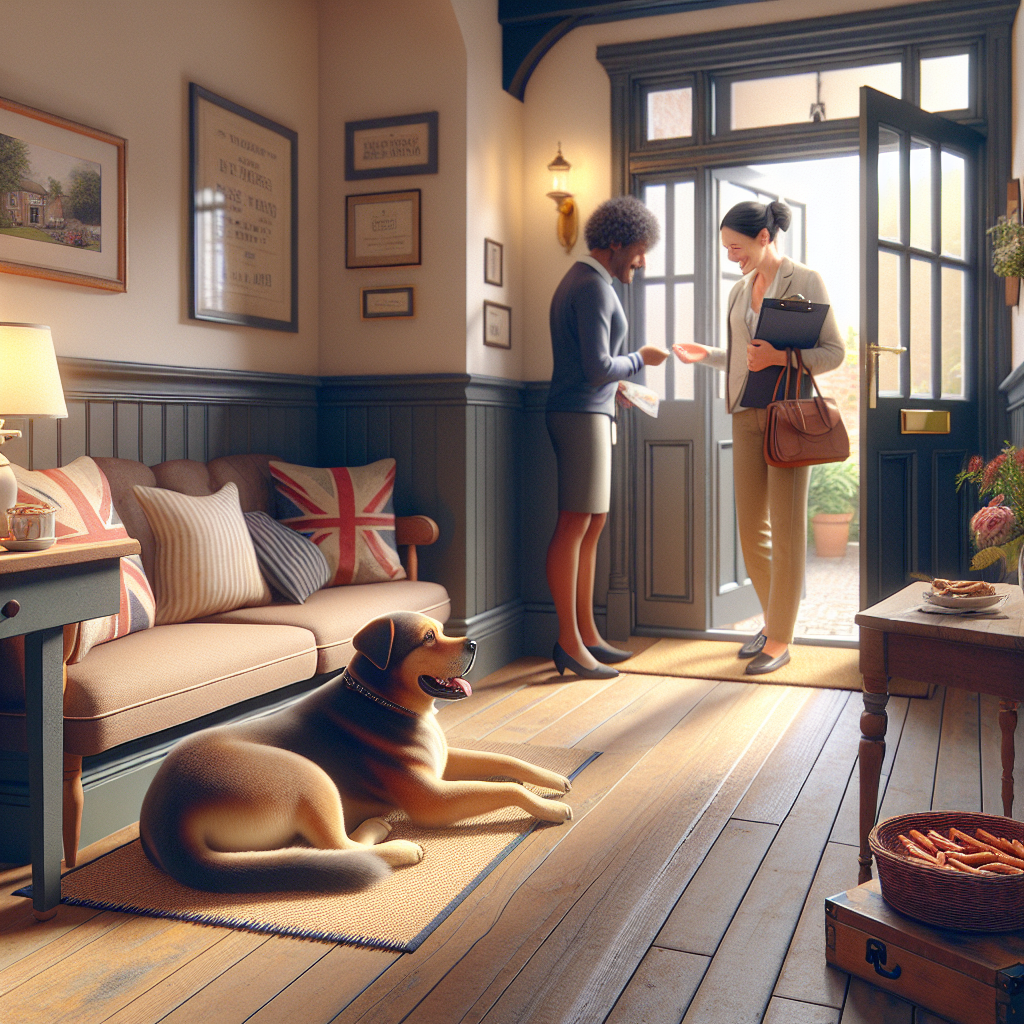 Calm dog on a mat greeting a visitor at a UK front door with a trainer guiding the owner in a bright hallway