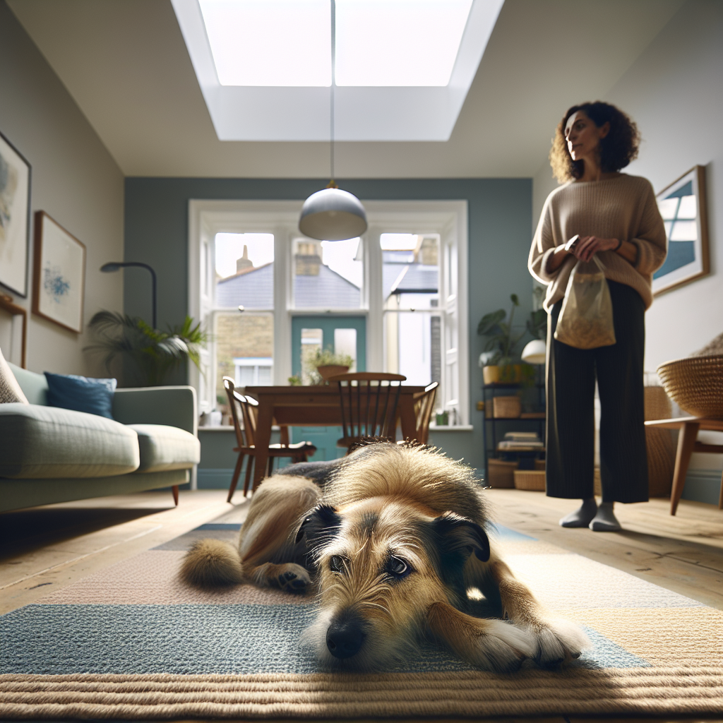 Calm dog lying on a mat while an owner stands nearby with treats in a bright living room.