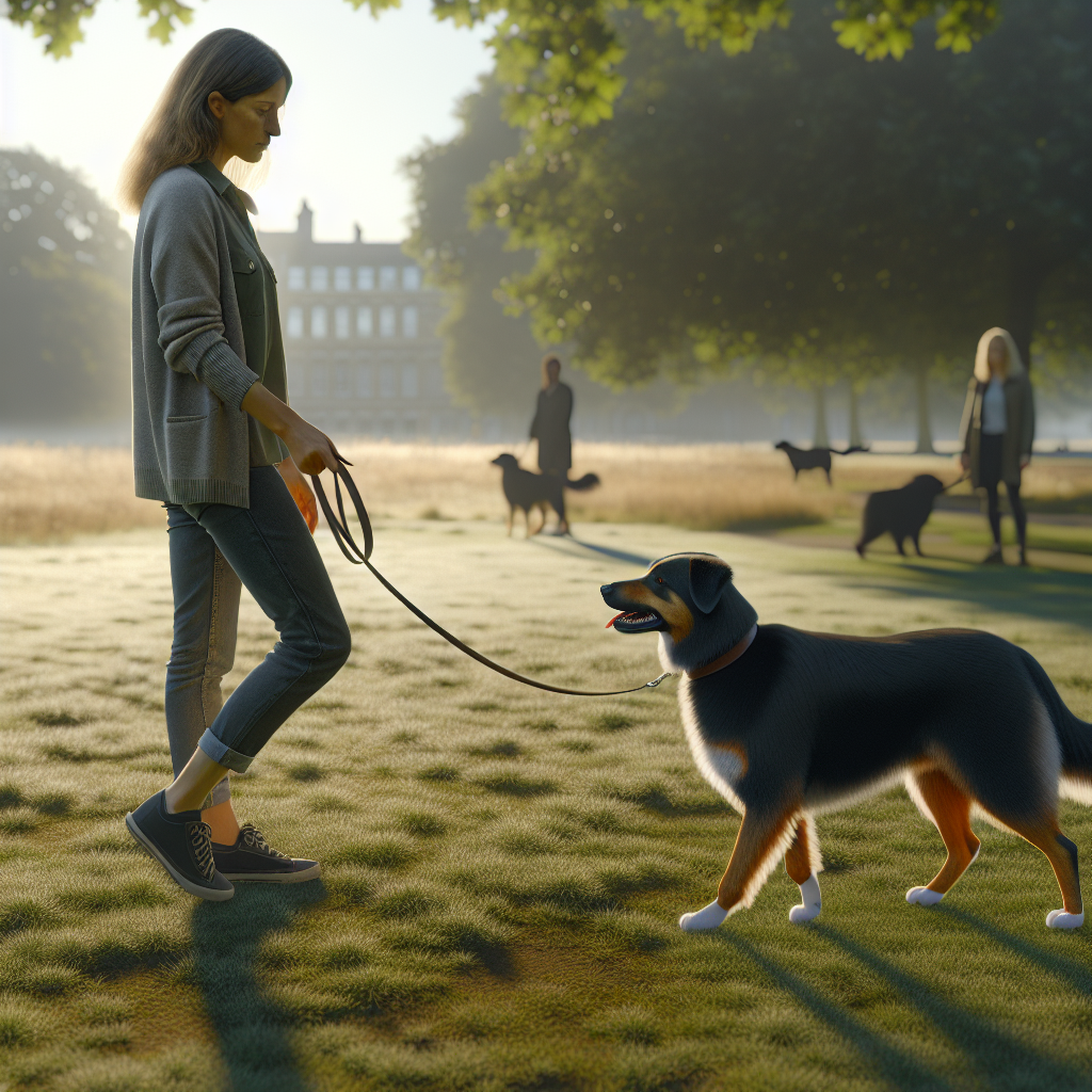Trainer practising focus games with a mixed breed dog on a loose lead in a UK park