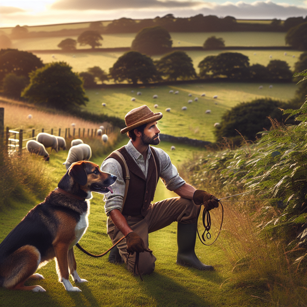 Trainer practising whistle recall with a dog on a long line near a sheep pasture in the UK countryside