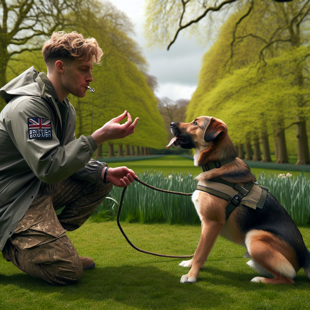 UK trainer practising recall with a dog on a long line in a park using a whistle and rewards