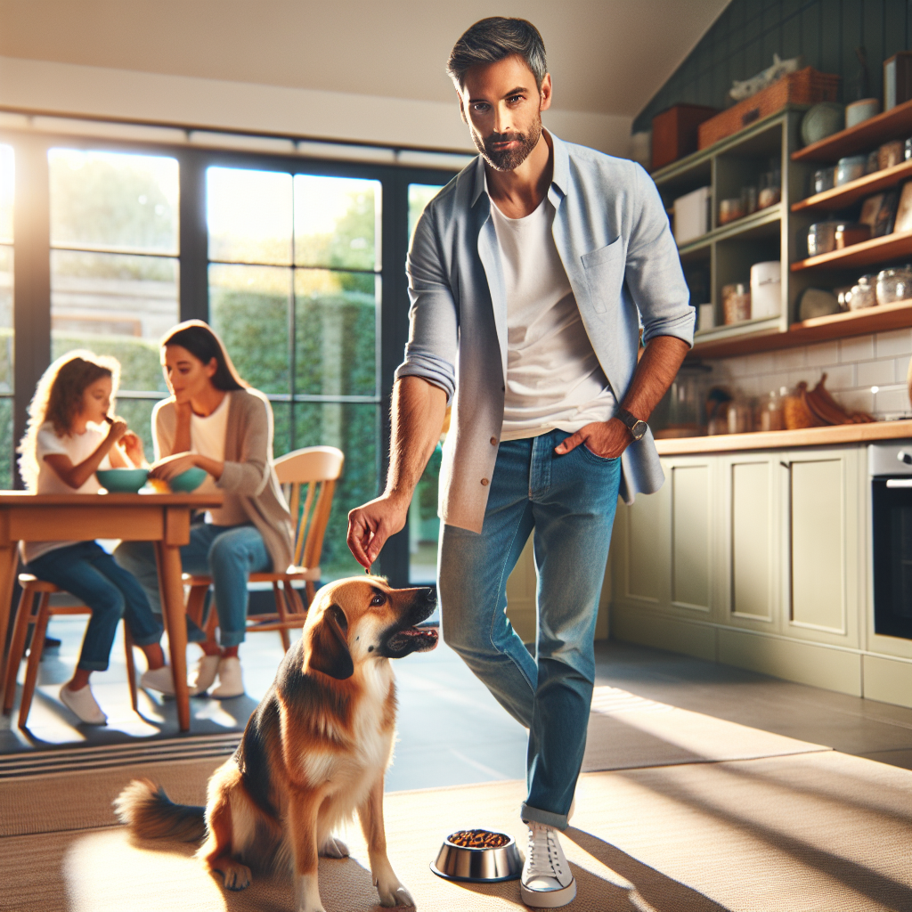 Trainer calmly adding a treat to a dog’s bowl in a bright UK kitchen while the dog eats relaxed