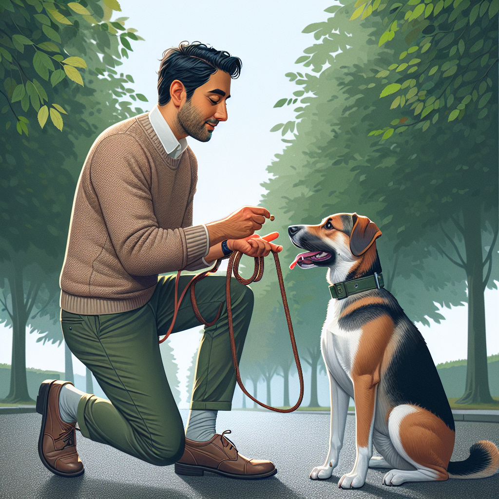 UK trainer rewarding a mixed breed dog for loose lead walking on a quiet pavement
