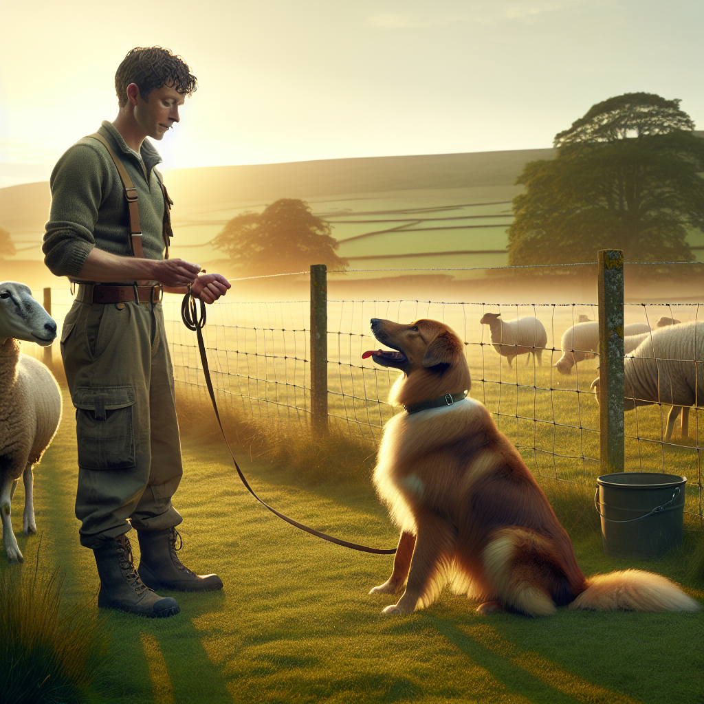 Trainer rewarding a calm dog on a long line near a sheep pasture in the UK countryside