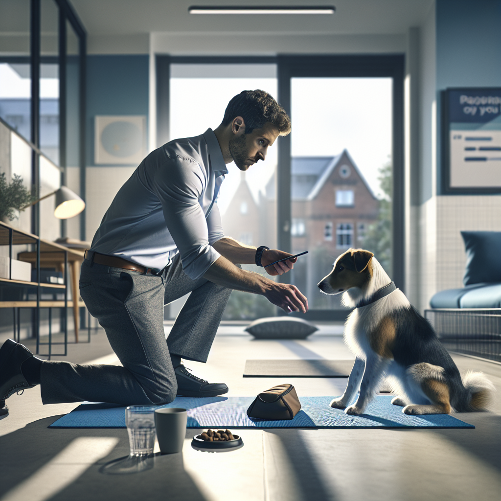 Busy owner practising a short mat training session with a mixed-breed dog in a bright UK flat