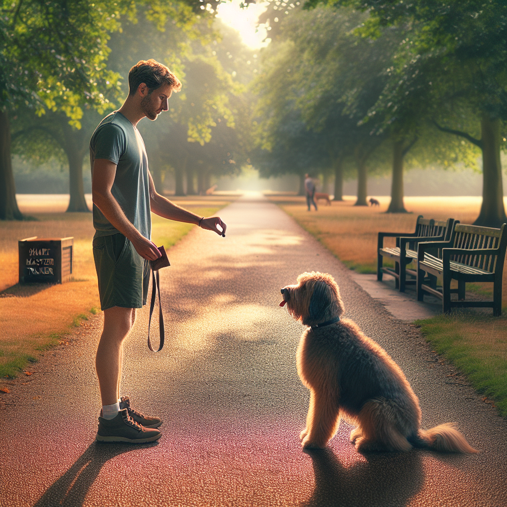SMDT guiding a calm mixed-breed dog through controlled exposure at a safe distance in a UK park