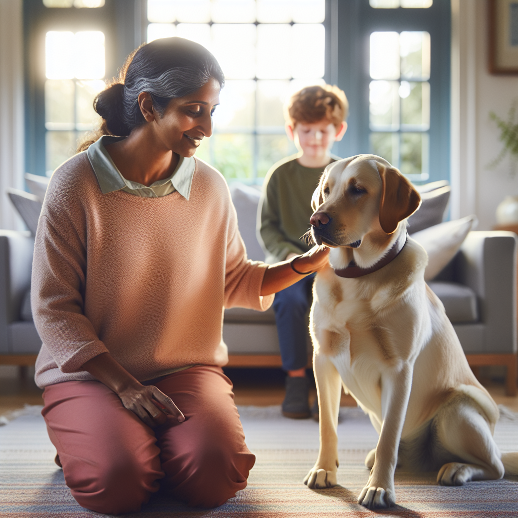 SMDT trainer guiding a child and a calm Labrador through a deep pressure settle at home