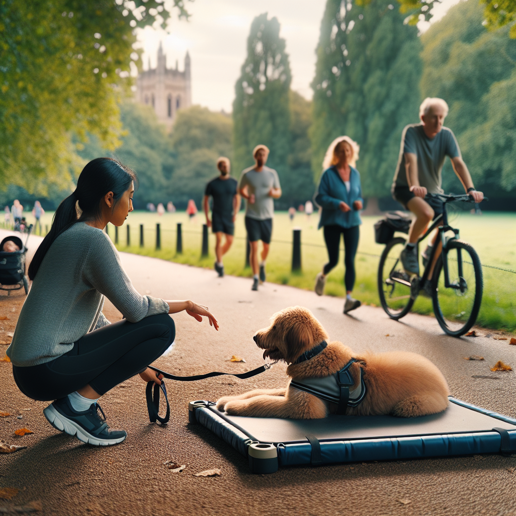 Trainer helps a calm dog settle on a mat in a busy UK park as joggers and cyclists pass by