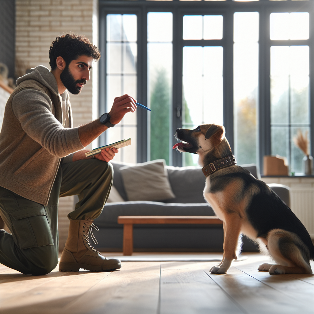 Smart trainer rewarding a mixed breed dog for a precise sit with clear timing in a calm UK home