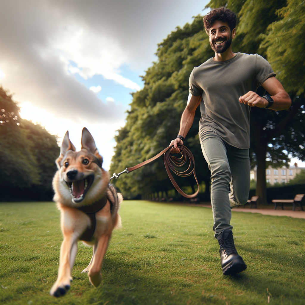 UK trainer demonstrating a fast recall with a happy dog on a long line in a green park