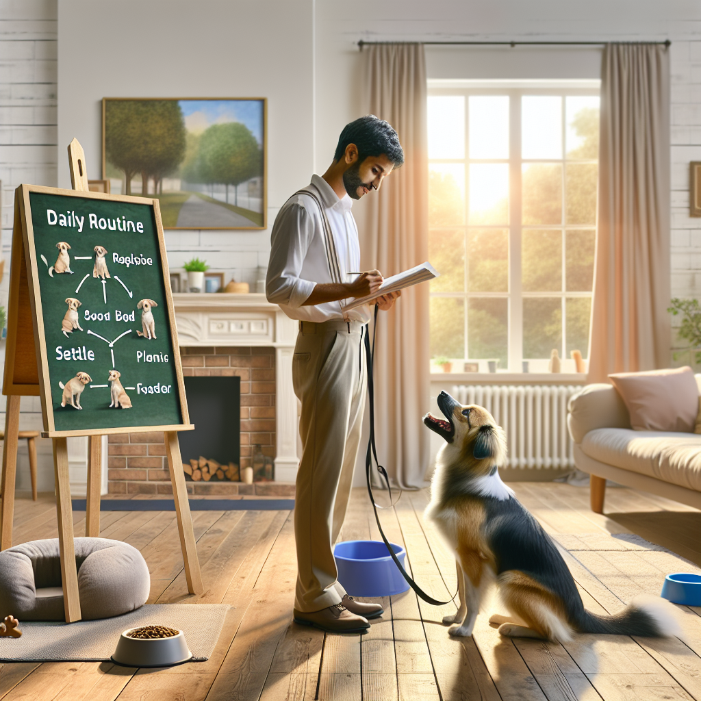 Trainer and owner plan a structured dog routine with a calm mixed breed dog beside a settle bed in a UK home