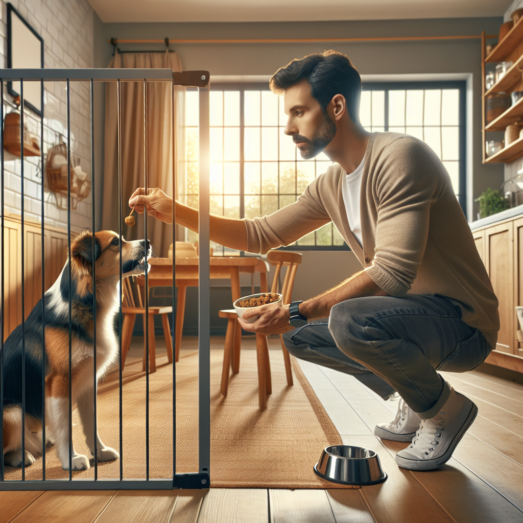 Smart trainer coaching a family on calm mealtime work with their dog behind a baby gate in a bright UK kitchen