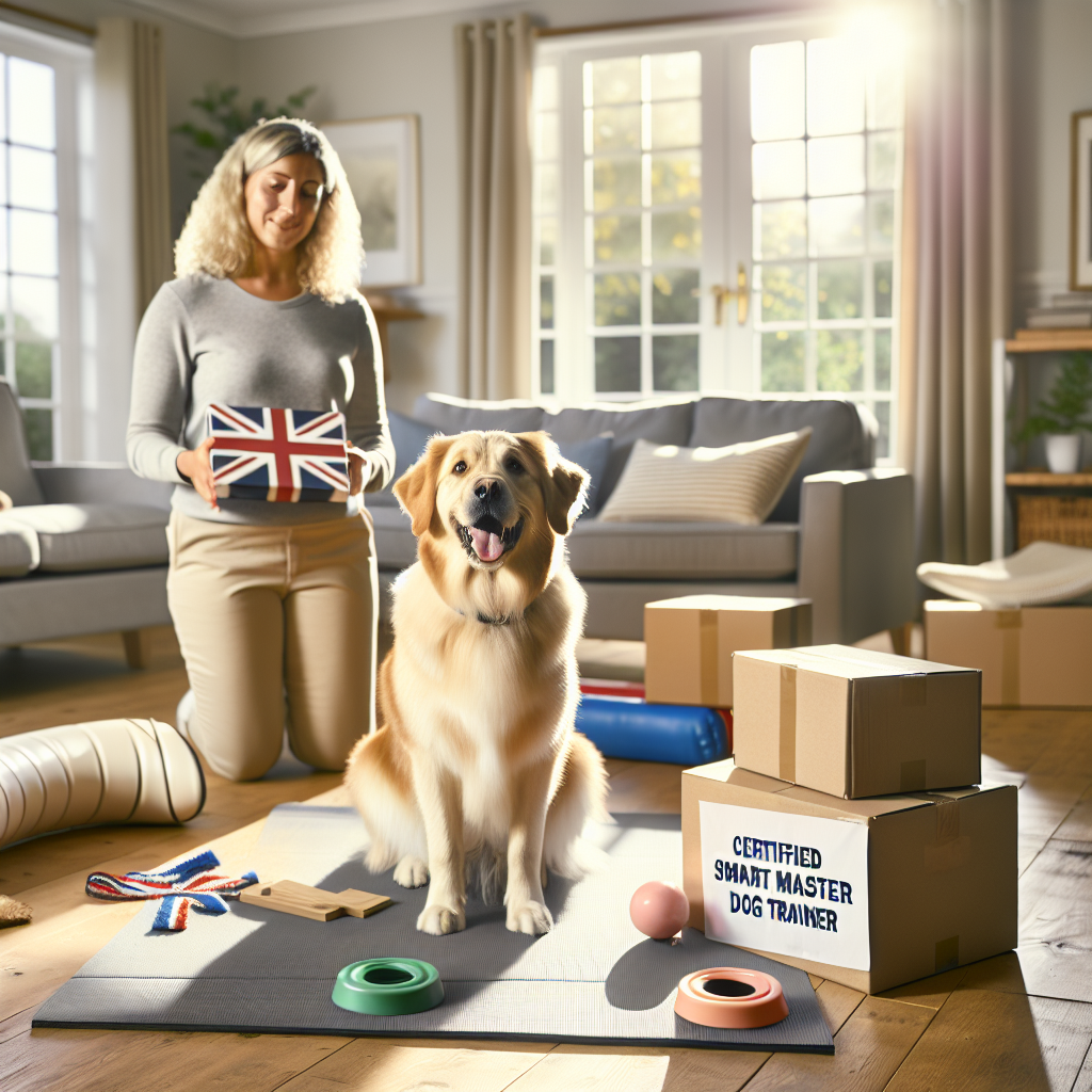 Trainer guiding a family dog through confidence games using a mat, boxes, and a wobble cushion in a UK home