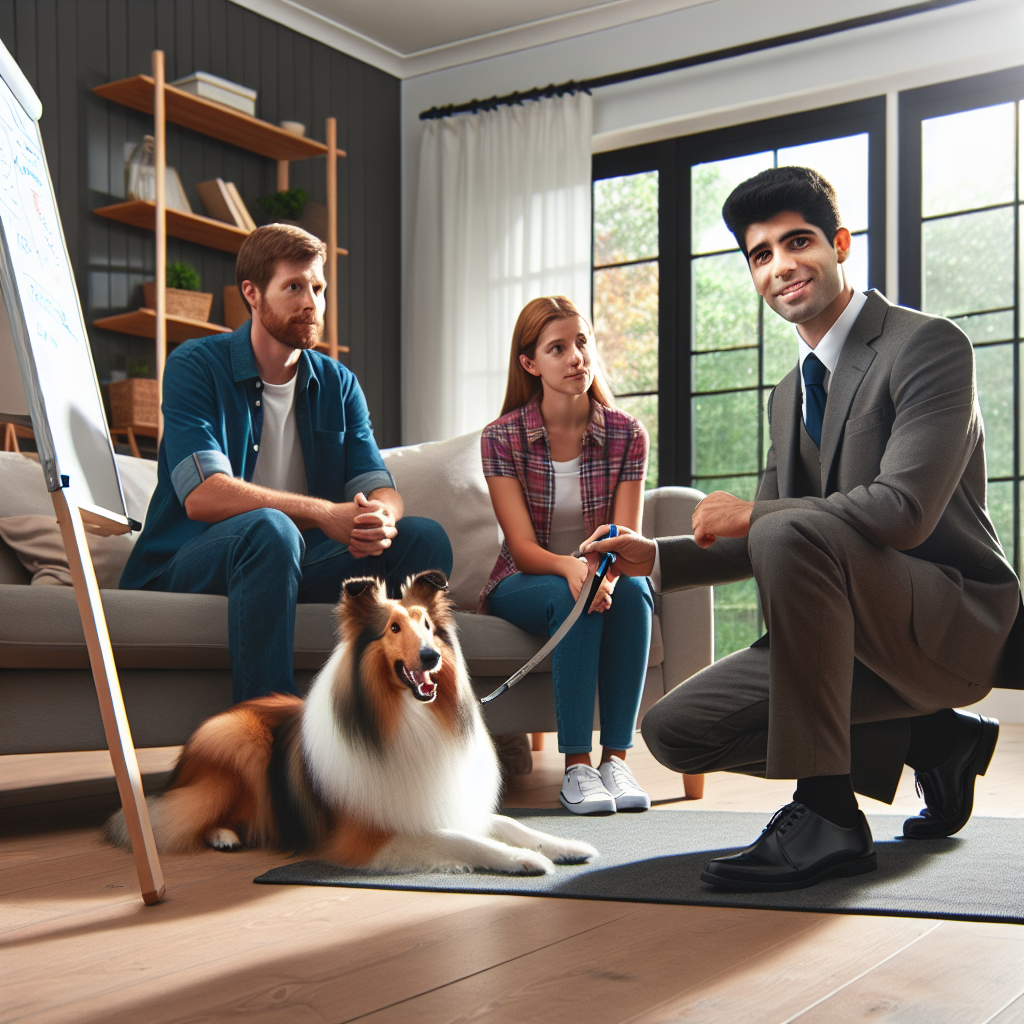 UK trainer explains behaviour vs training plan to a family while a calm collie rests on a mat