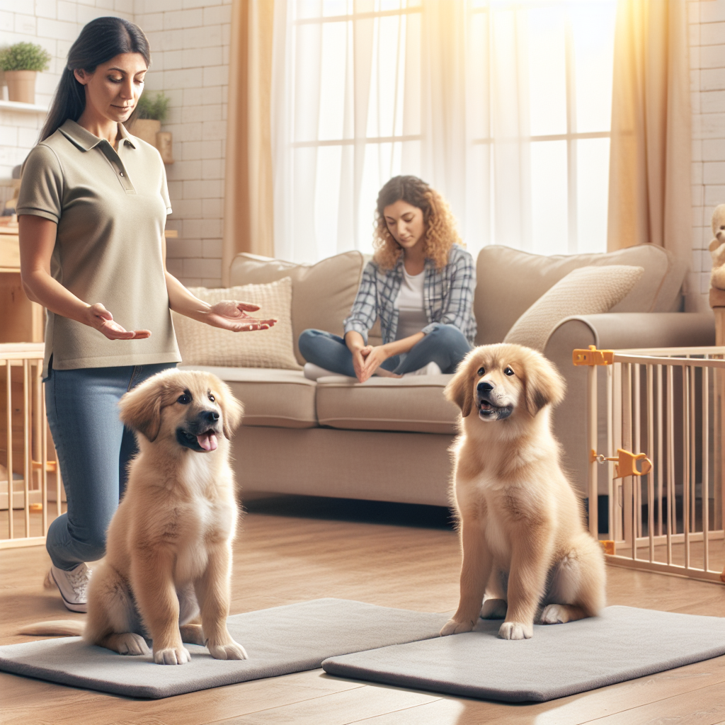 Trainer guiding two dogs to settle on separate mats in a UK home with gates and crates visible