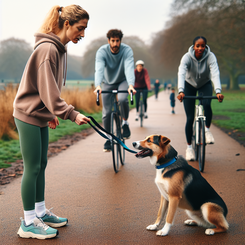 UK trainer rewarding a calm dog near cyclists and joggers in a park