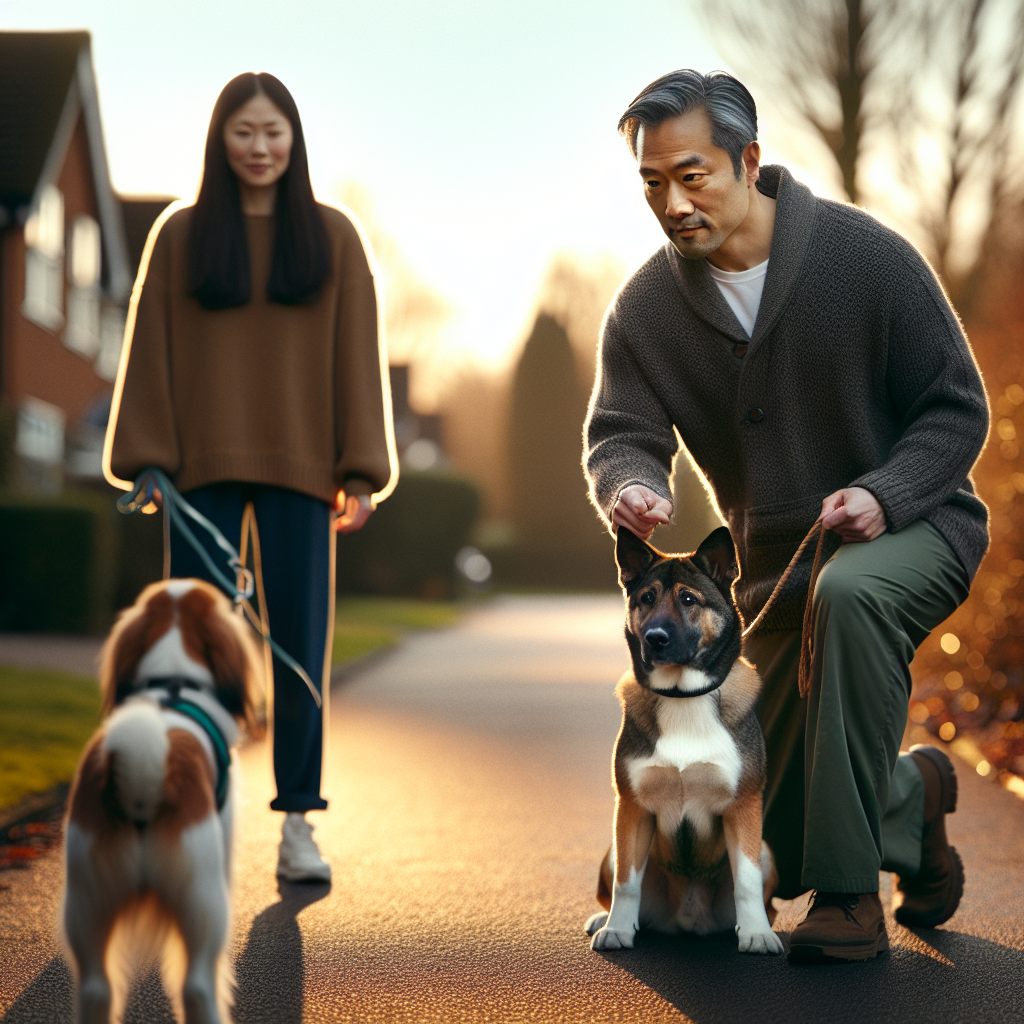 Smart Master Dog Trainer coaching loose lead walking with an attentive young dog on a UK street at sunset